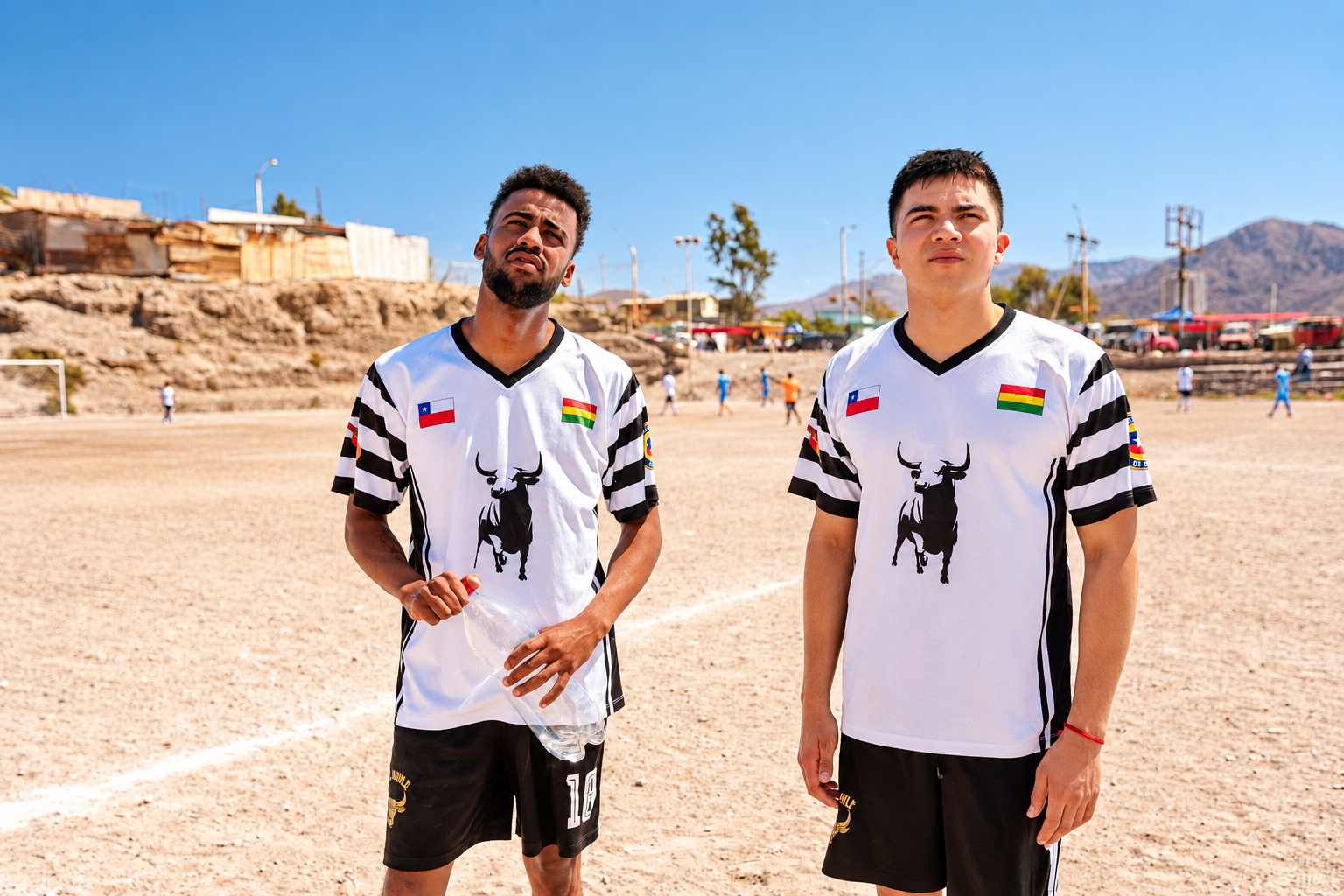Dos futbolistas en una cancha de tierra